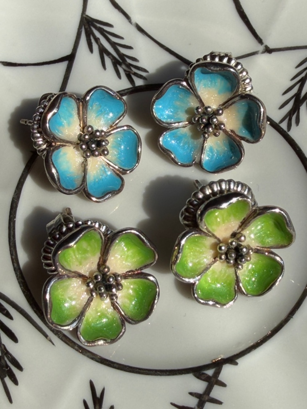 John Hardy Floral Enamel Stud Earrings - Green & Blue